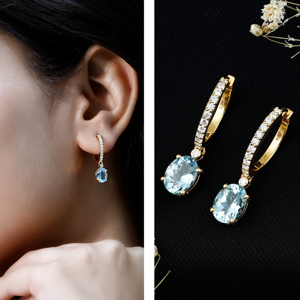 Aquamarine Hoop Earrings – Oval Cut Aquamarine Drop with Sparkling Diamond Hoops