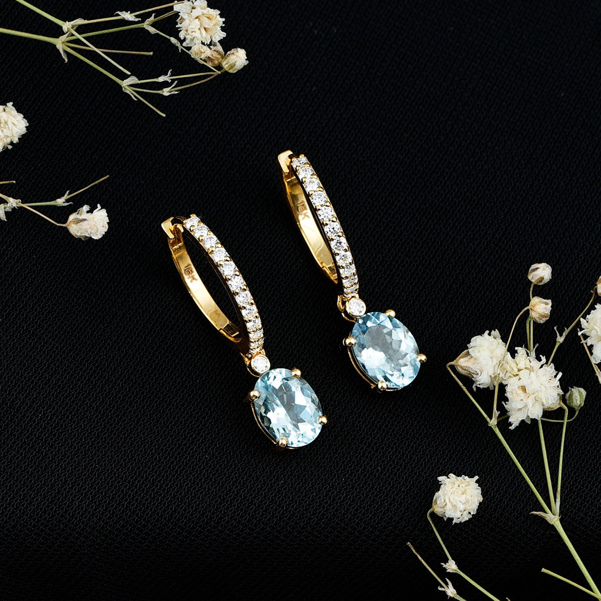 Aquamarine Hoop Earrings – Oval Cut Aquamarine Drop with Sparkling Diamond Hoops