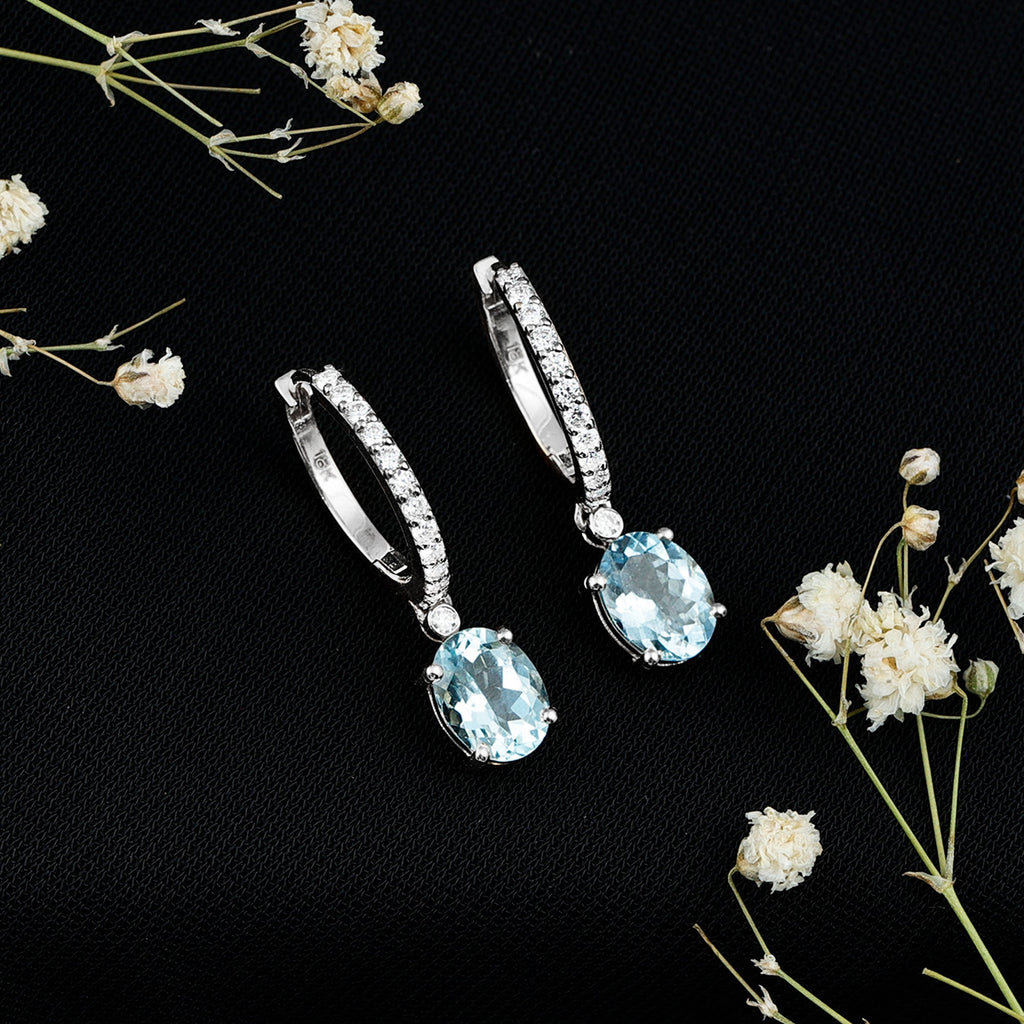 Aquamarine Hoop Earrings – Oval Cut Aquamarine Drop with Sparkling Diamond Hoops