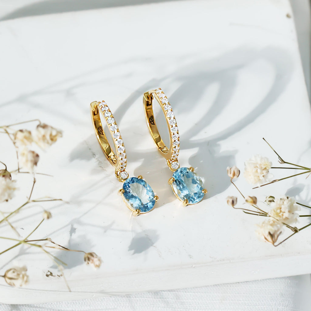 Aquamarine Hoop Earrings – Oval Cut Aquamarine Drop with Sparkling Diamond Hoops