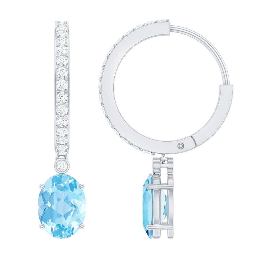 Aquamarine Hoop Earrings – Oval Cut Aquamarine Drop with Sparkling Diamond Hoops