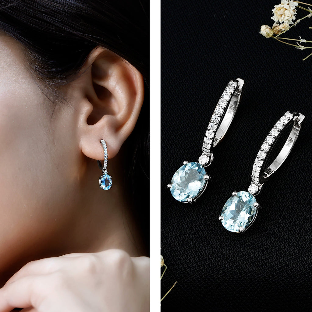 Aquamarine Hoop Earrings – Oval Cut Aquamarine Drop with Sparkling Diamond Hoops
