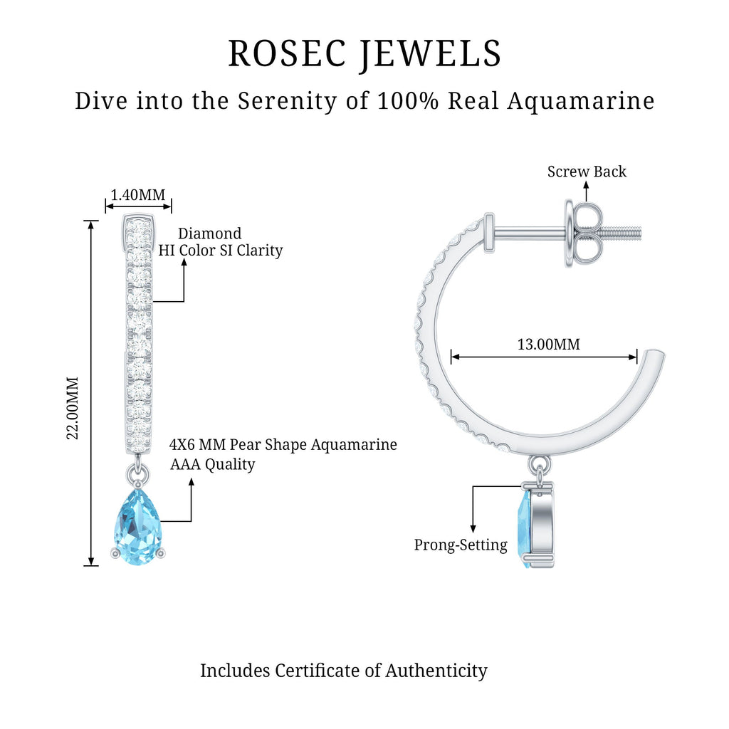 Aquamarine Hoop Earrings – Pear Cut Blue Gemstone Drop With Diamonds | Elegant Jewelry