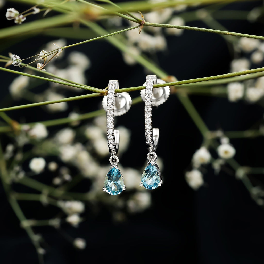 Aquamarine Hoop Earrings – Pear Cut Blue Gemstone Drop With Diamonds | Elegant Jewelry