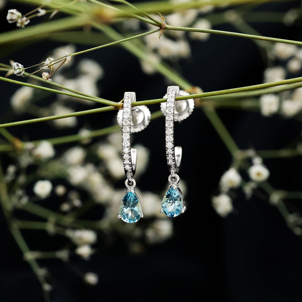 Aquamarine Hoop Earrings – Pear Cut Blue Gemstone Drop With Diamonds | Elegant Jewelry