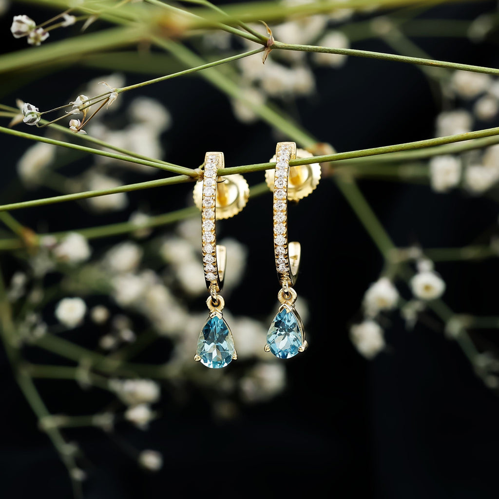 Aquamarine Hoop Earrings – Pear Cut Blue Gemstone Drop With Diamonds | Elegant Jewelry