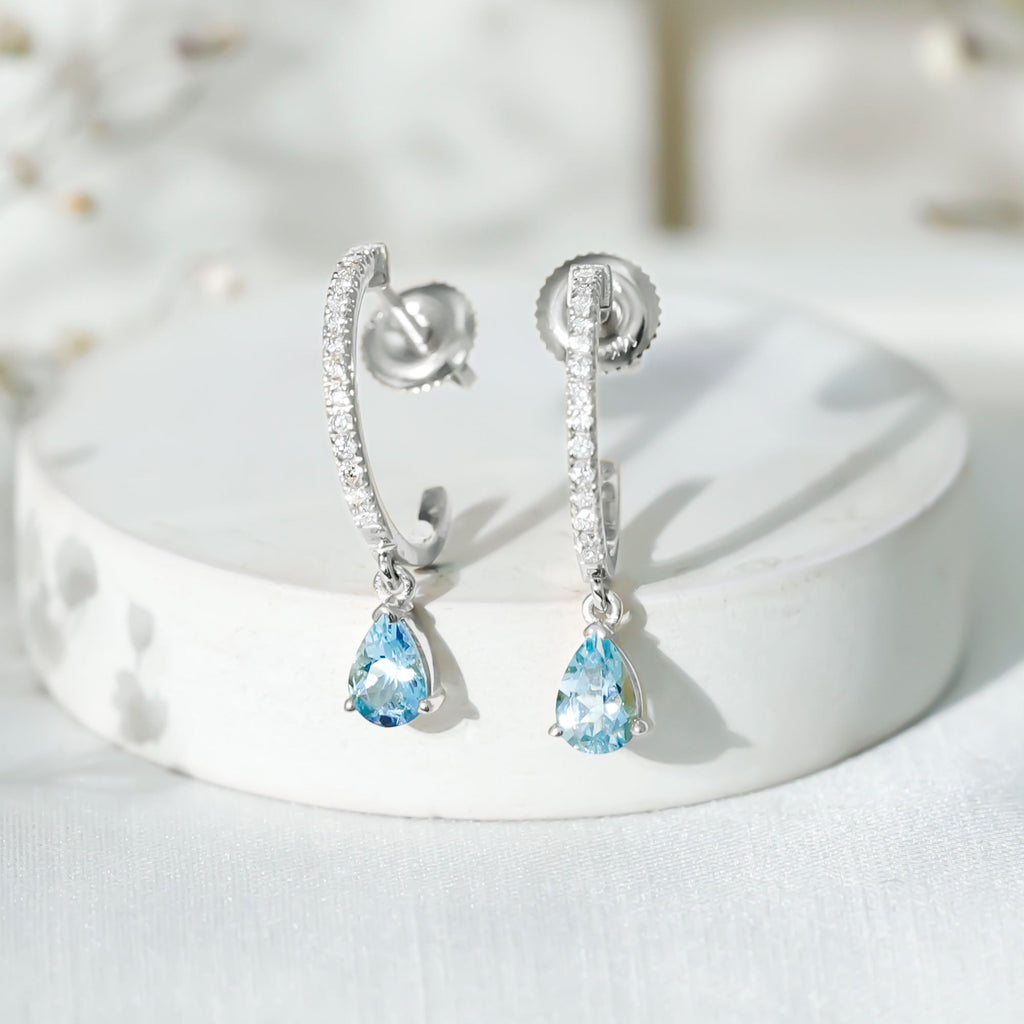 Aquamarine Hoop Earrings – Pear Cut Blue Gemstone Drop With Diamonds | Elegant Jewelry
