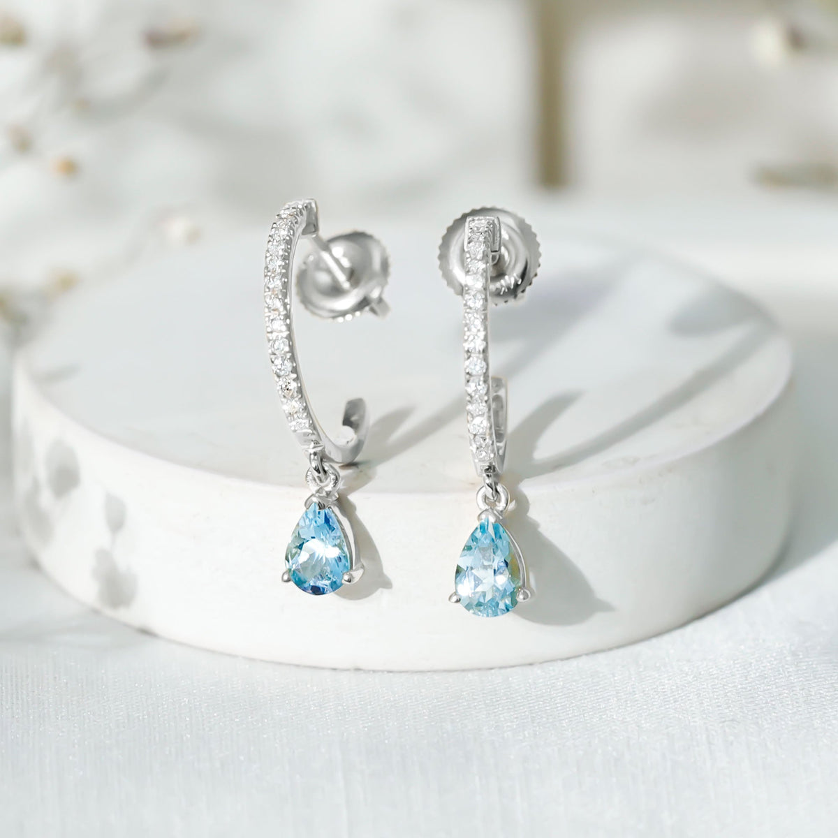 Aquamarine Hoop Earrings – Pear Cut Blue Gemstone Drop With Diamonds | Elegant Jewelry
