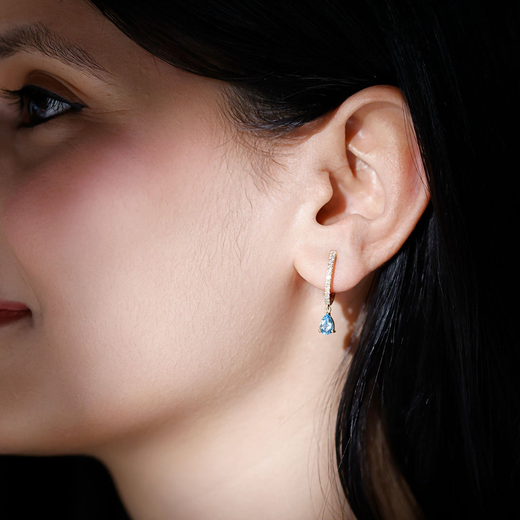 Aquamarine Hoop Earrings – Pear Cut Blue Gemstone Drop With Diamonds | Elegant Jewelry