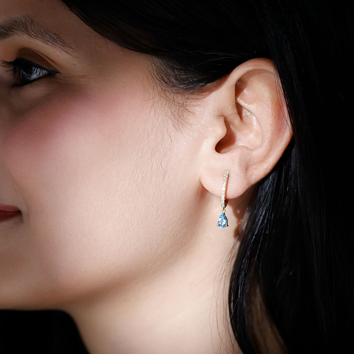 Aquamarine Hoop Earrings – Pear Cut Blue Gemstone Drop With Diamonds | Elegant Jewelry