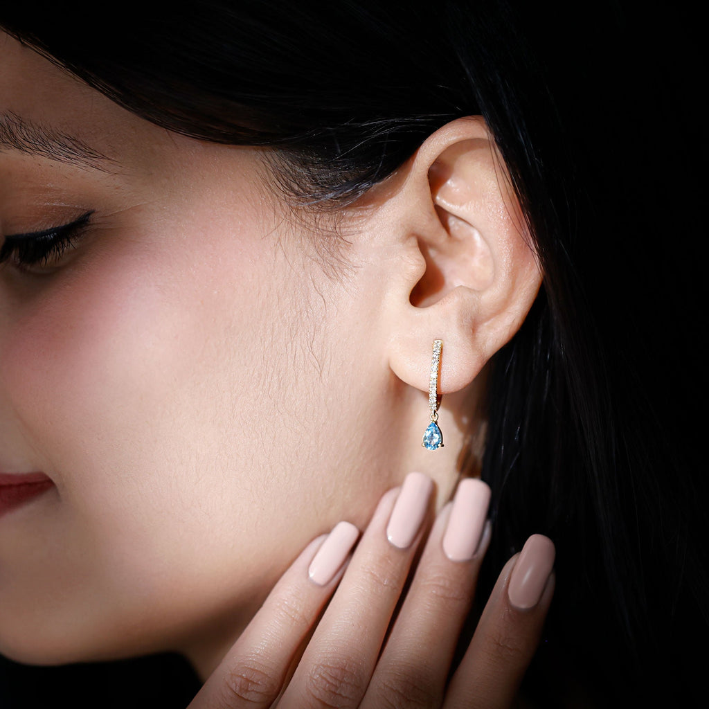 Aquamarine Hoop Earrings – Pear Cut Blue Gemstone Drop With Diamonds | Elegant Jewelry