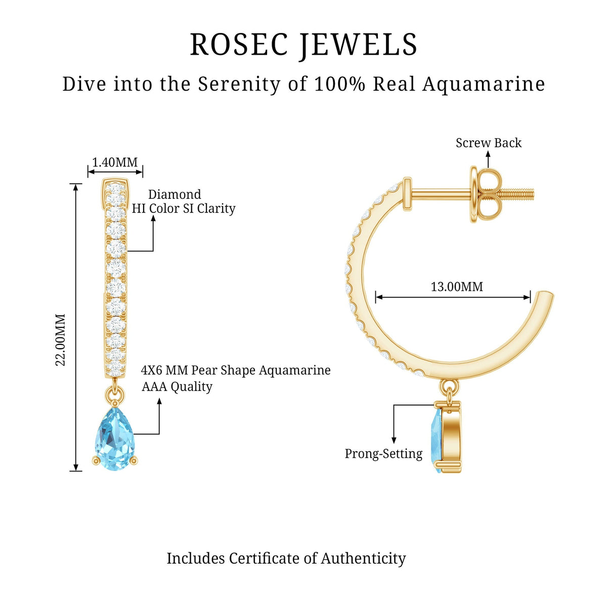 Aquamarine Hoop Earrings – Pear Cut Blue Gemstone Drop With Diamonds | Elegant Jewelry