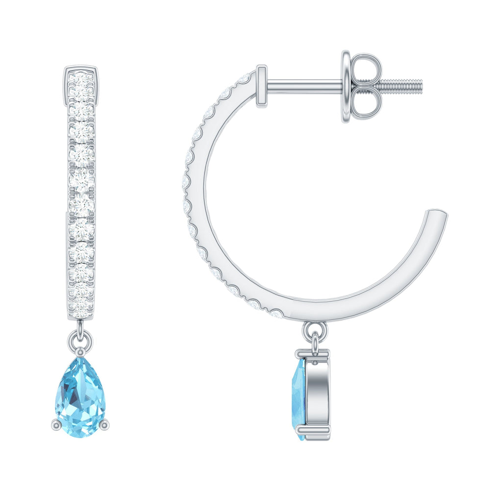 Aquamarine Hoop Earrings – Pear Cut Blue Gemstone Drop With Diamonds | Elegant Jewelry
