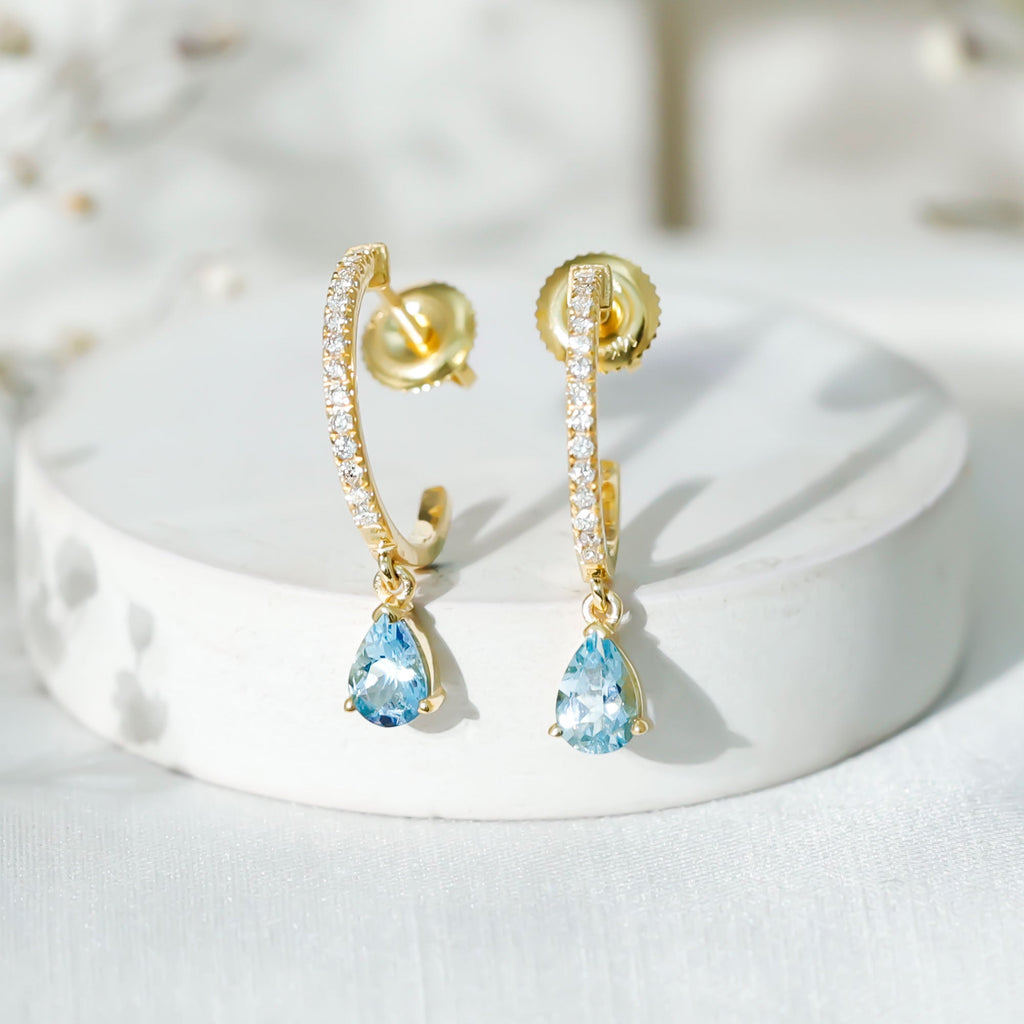 Aquamarine Hoop Earrings – Pear Cut Blue Gemstone Drop With Diamonds | Elegant Jewelry