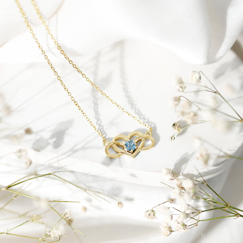 Aquamarine Infinity Necklace – Heart Pendant With AAA Quality Blue Gemstone