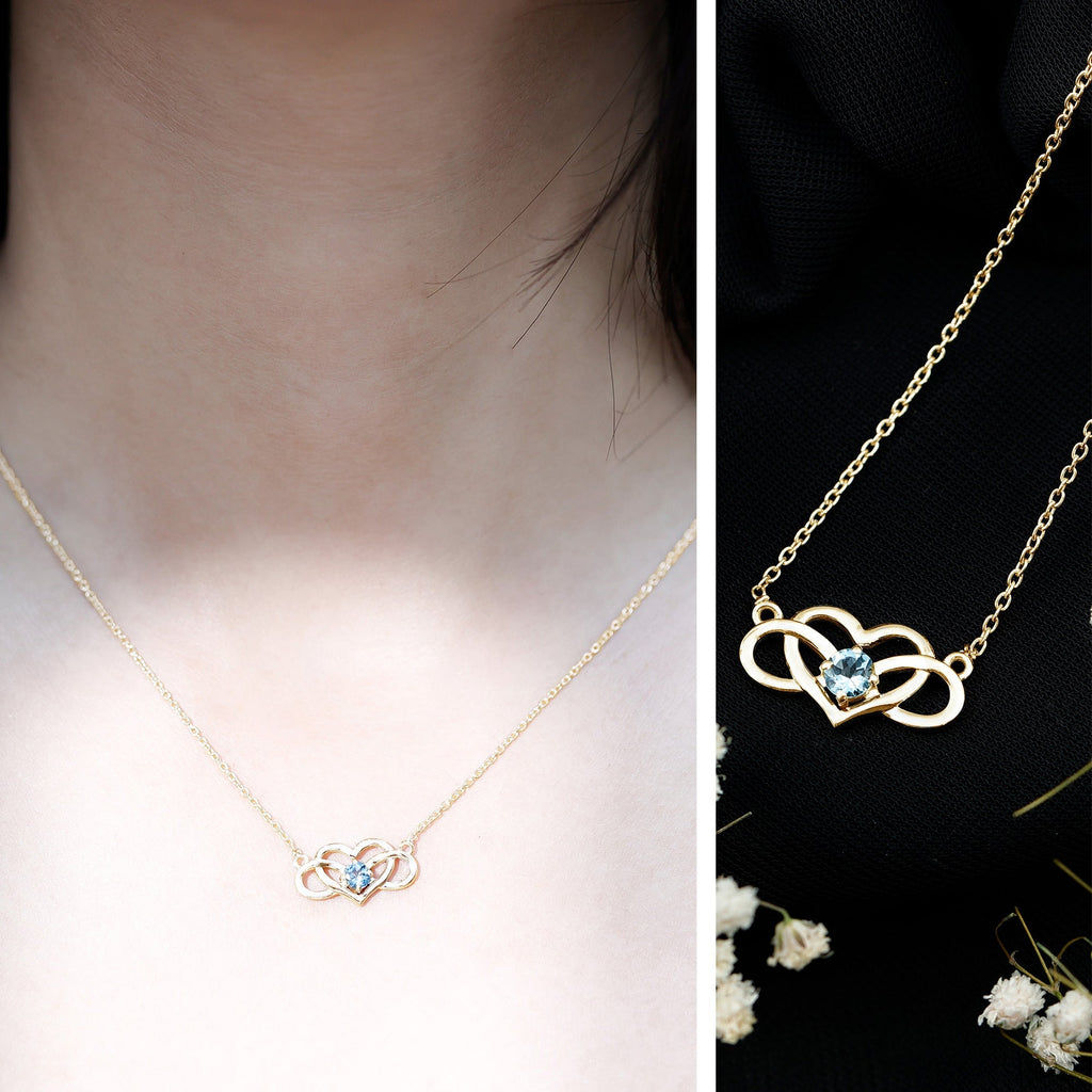 Aquamarine Infinity Necklace – Heart Pendant With AAA Quality Blue Gemstone