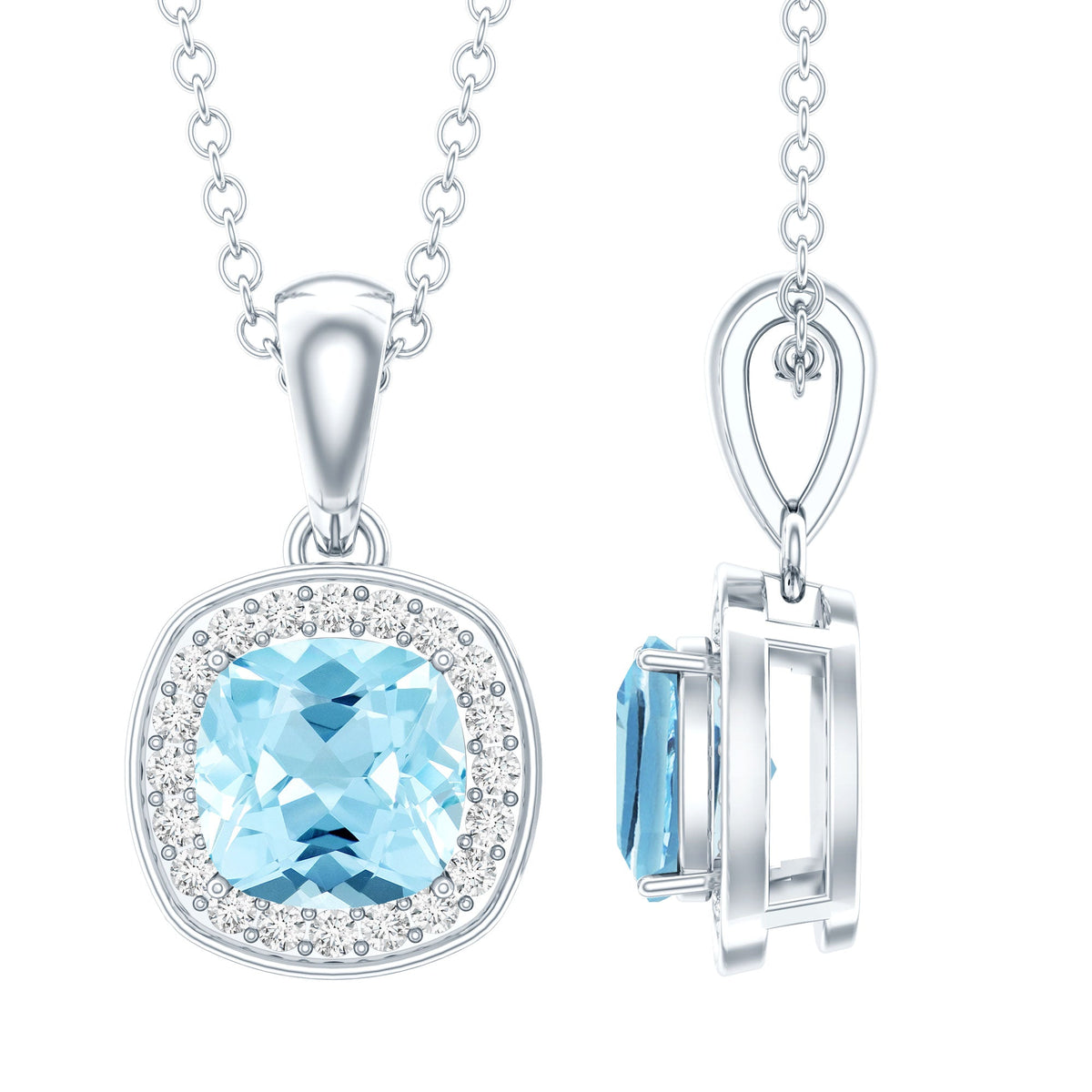 Aquamarine Necklace – Cushion Cut Blue Pendant | Moissanite Halo Design