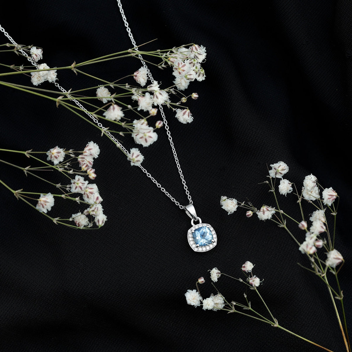 Aquamarine Necklace – Cushion Cut Blue Pendant | Moissanite Halo Design