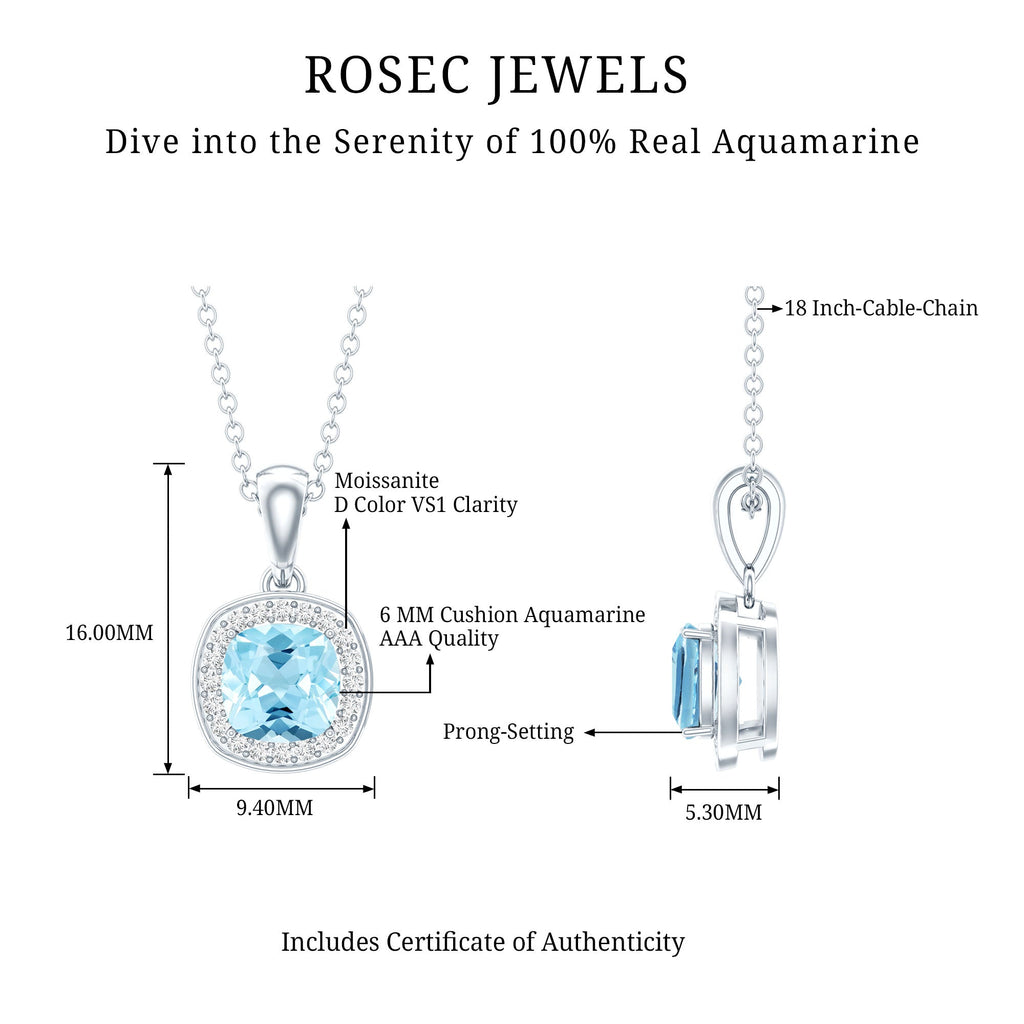 Aquamarine Necklace – Cushion Cut Blue Pendant | Moissanite Halo Design
