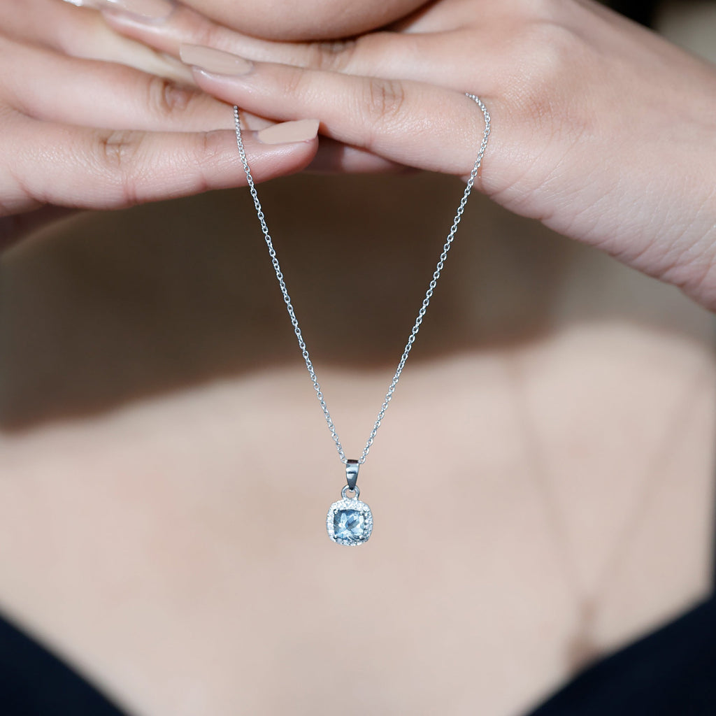 Aquamarine Necklace – Cushion Cut Blue Pendant | Moissanite Halo Design