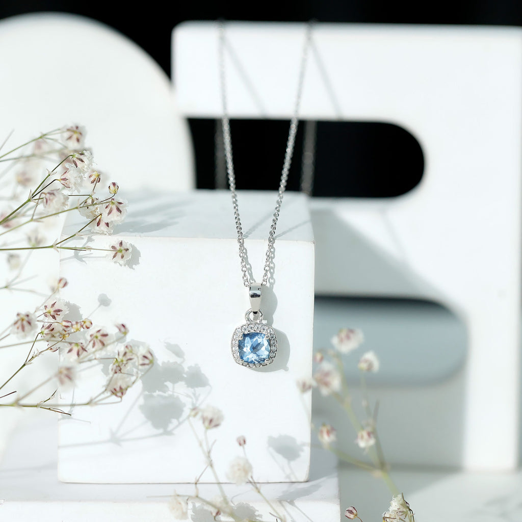 Aquamarine Necklace – Cushion Cut Blue Pendant | Moissanite Halo Design