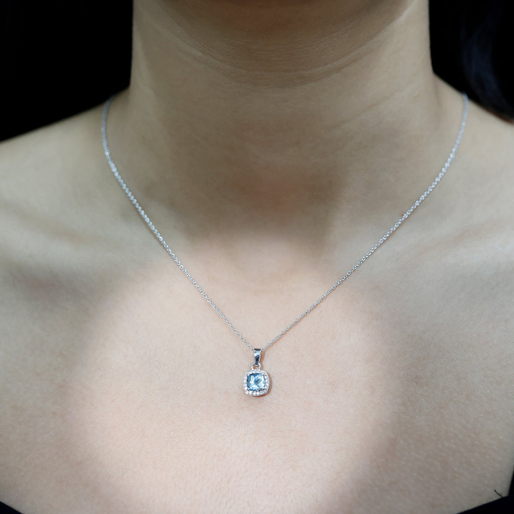 Aquamarine Necklace – Cushion Cut Blue Pendant | Moissanite Halo Design