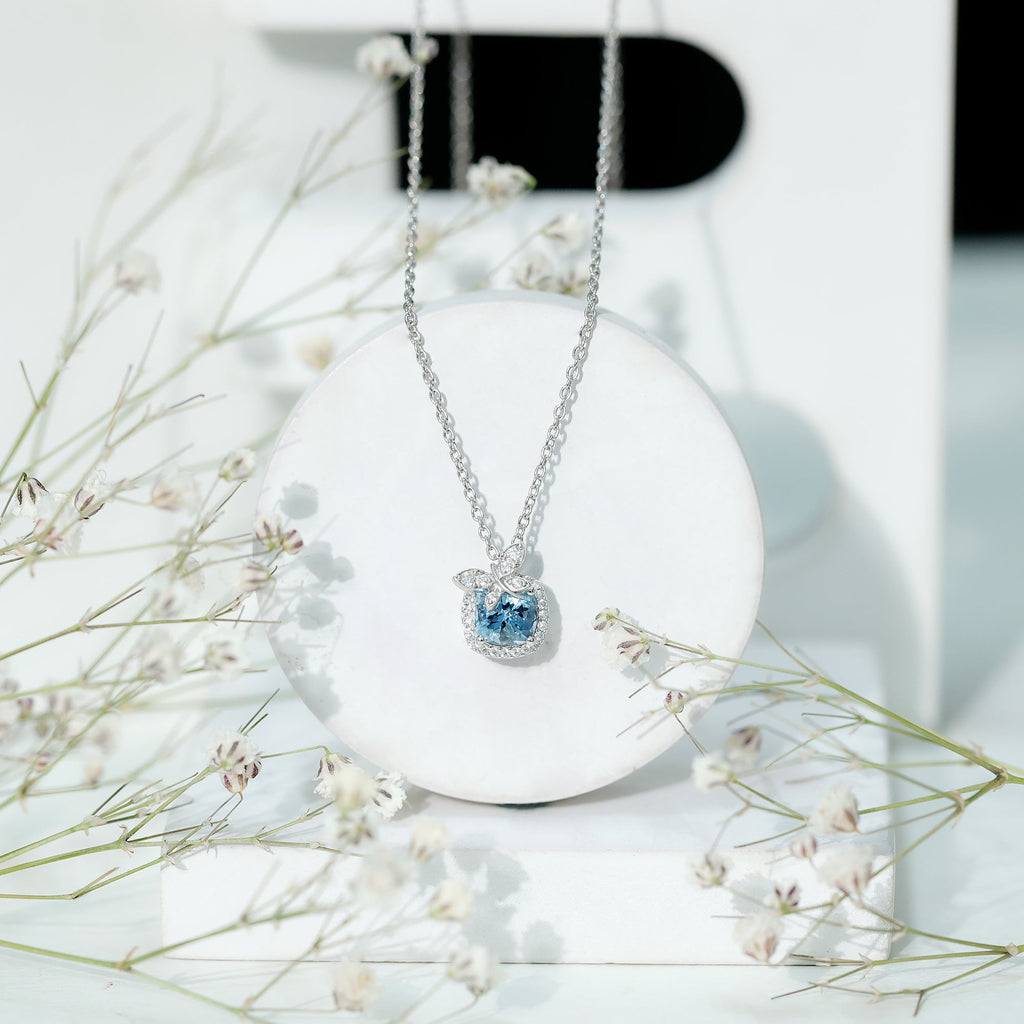Aquamarine Pendant Necklace – 1 Carat Cushion Cut Blue Gemstone with Moissanite Halo