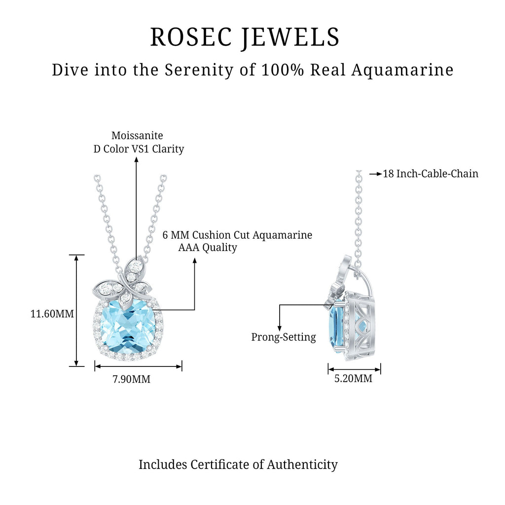 Aquamarine Pendant Necklace – 1 Carat Cushion Cut Blue Gemstone with Moissanite Halo