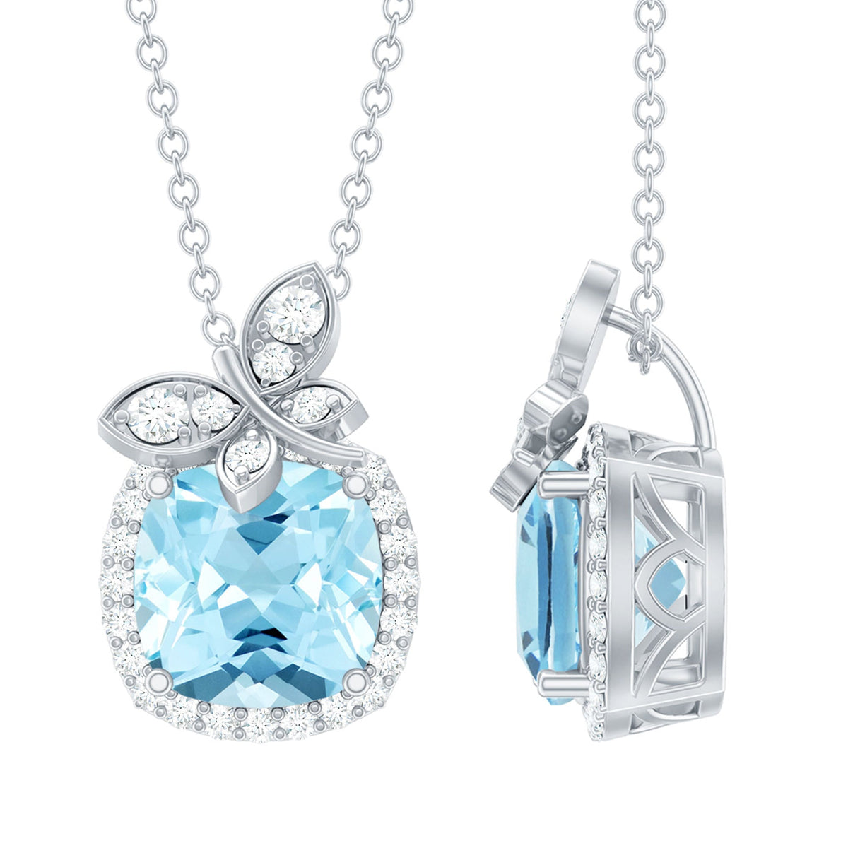 Aquamarine Pendant Necklace – 1 Carat Cushion Cut Blue Gemstone with Moissanite Halo