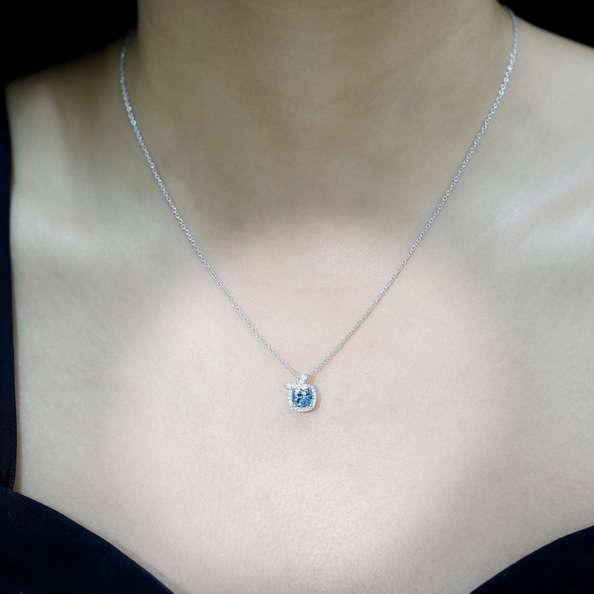 Aquamarine Pendant Necklace – 1 Carat Cushion Cut Blue Gemstone with Moissanite Halo