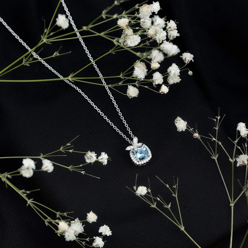 Aquamarine Pendant Necklace – 1 Carat Cushion Cut Blue Gemstone with Moissanite Halo