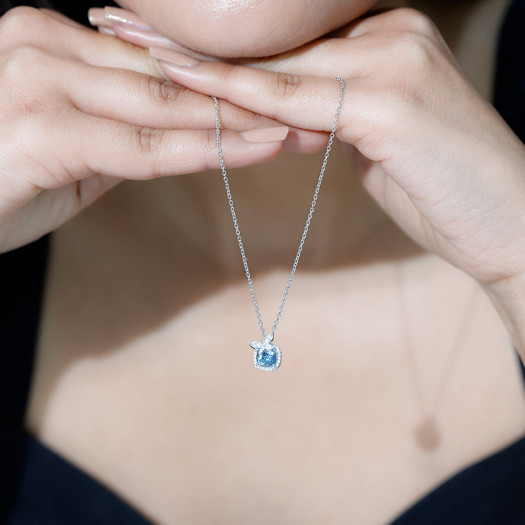 Aquamarine Pendant Necklace – 1 Carat Cushion Cut Blue Gemstone with Moissanite Halo