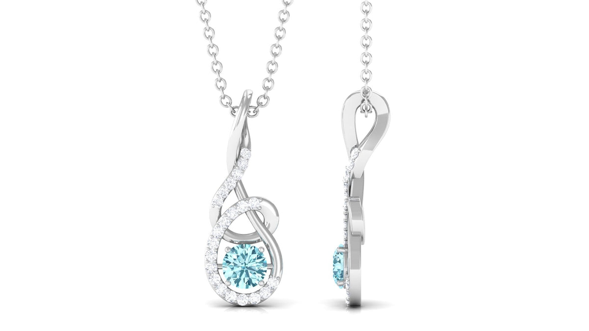 Aquamarine Pendant Necklace – 6mm Blue Gemstone With Diamond Twisted Frame