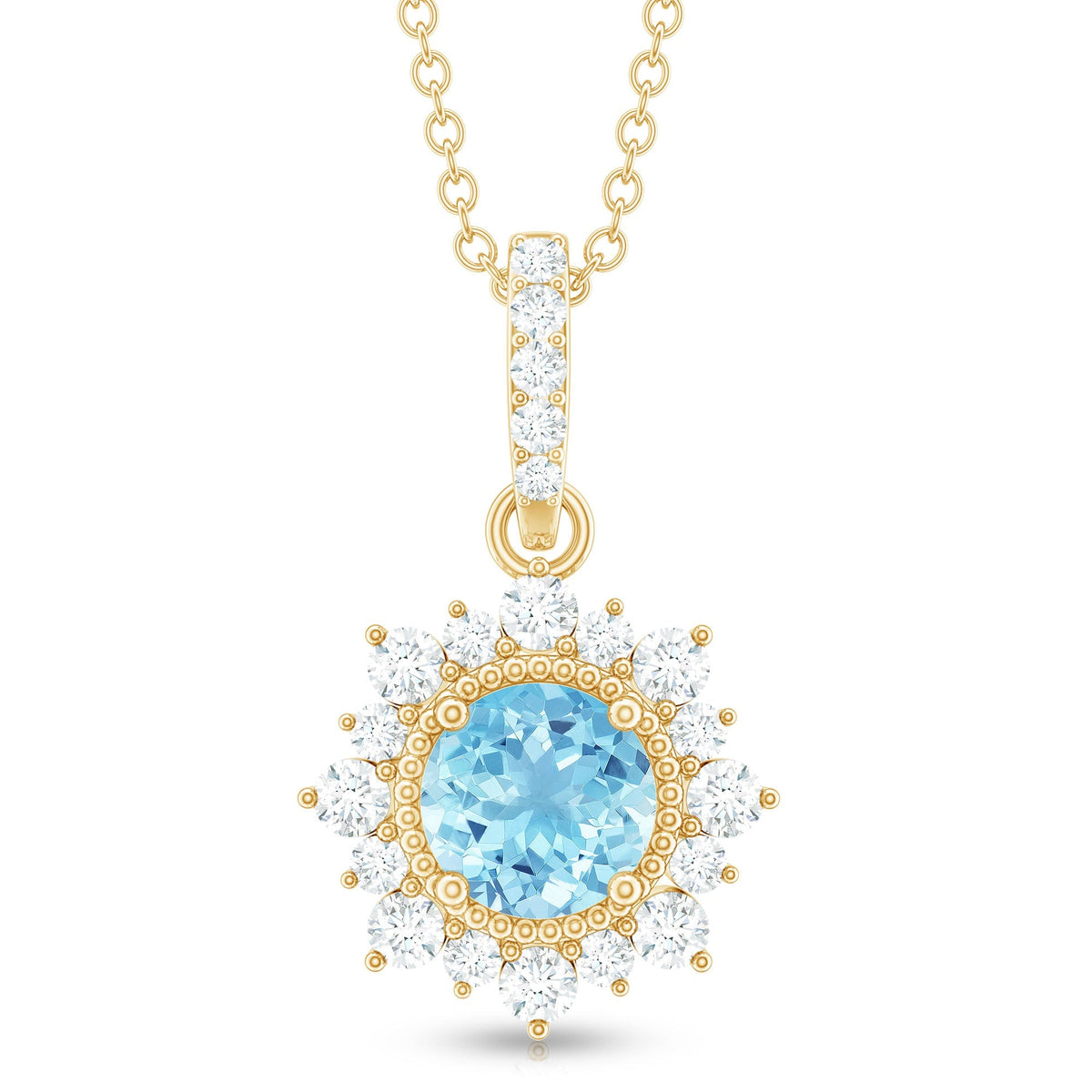 Aquamarine Pendant Necklace – Diamond Halo Necklace With AAA Quality Gemstone & Lobster Clasp