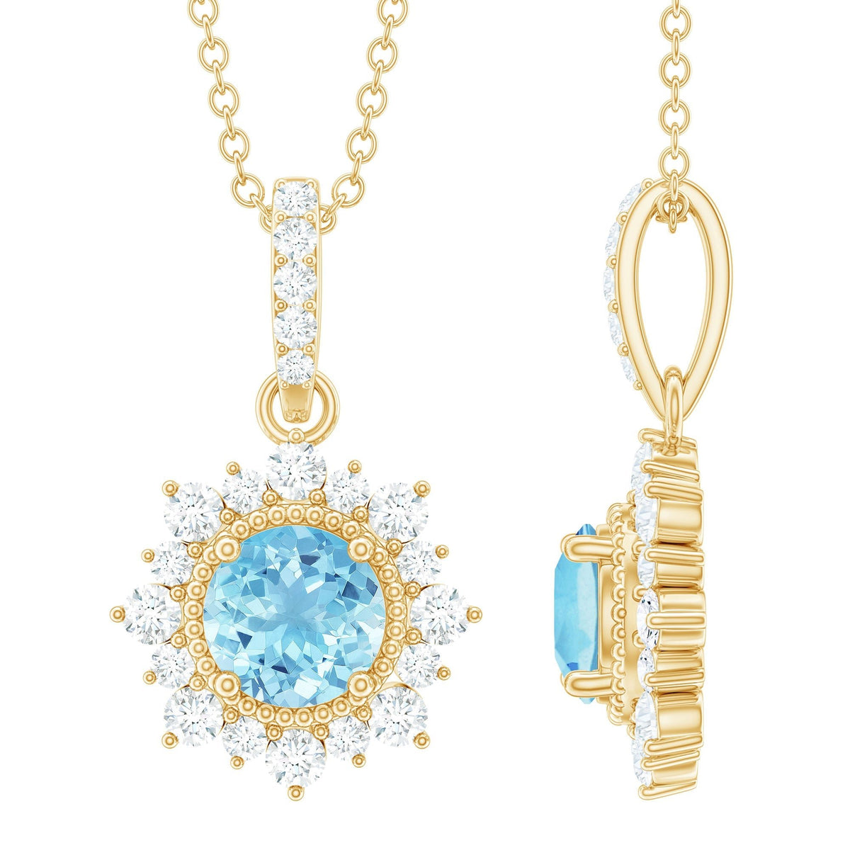 Aquamarine Pendant Necklace – Diamond Halo Necklace With AAA Quality Gemstone & Lobster Clasp