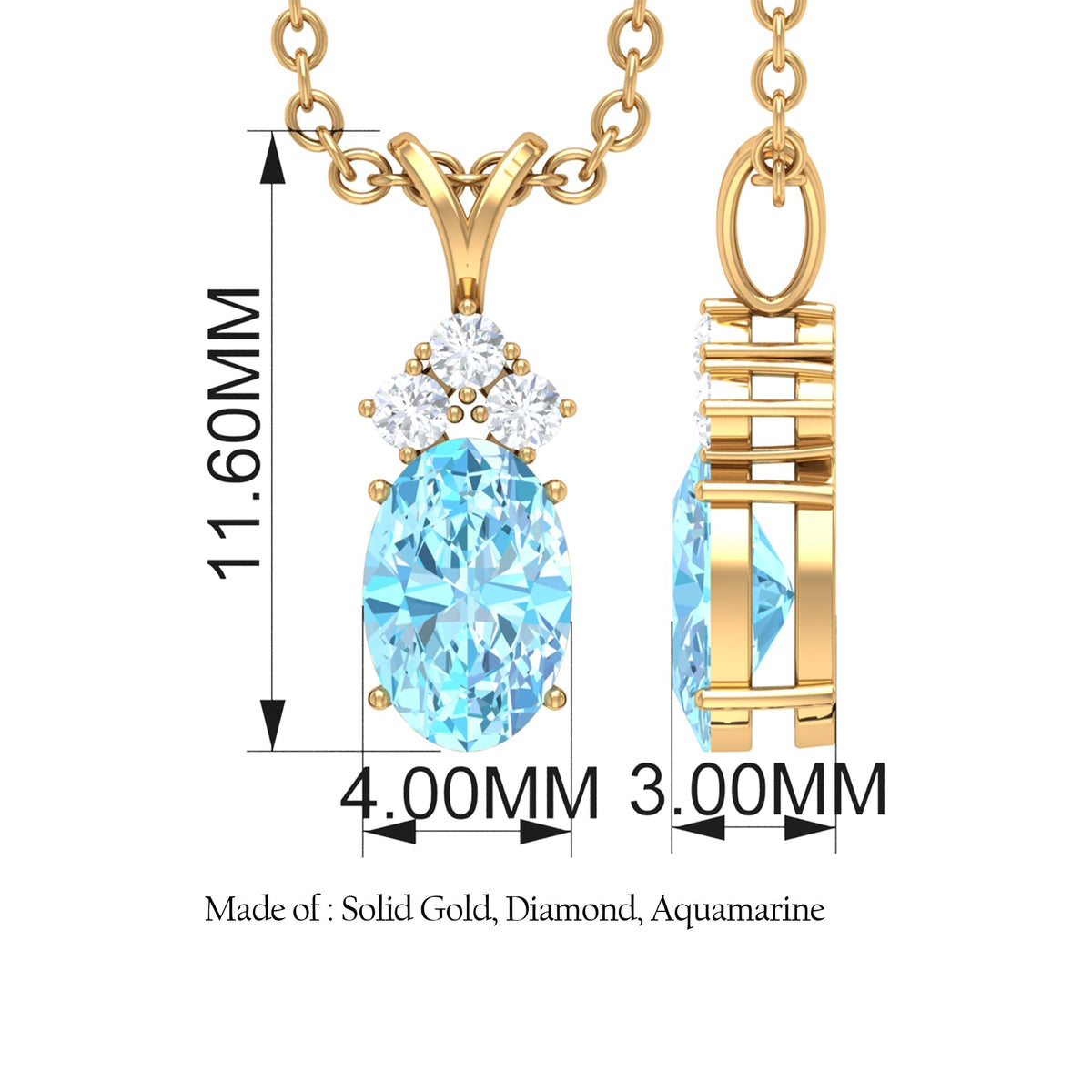 Aquamarine Pendant Necklace – Oval Cut Blue Gemstone with Diamond Trio Design
