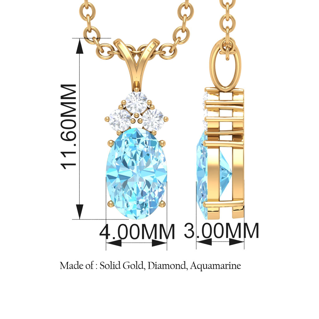 Aquamarine Pendant Necklace – Oval Cut Blue Gemstone with Diamond Trio Design