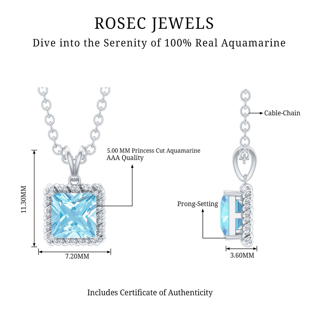 Aquamarine Princess Cut Necklace – Solitaire Pendant with AAA Quality Aquamarine