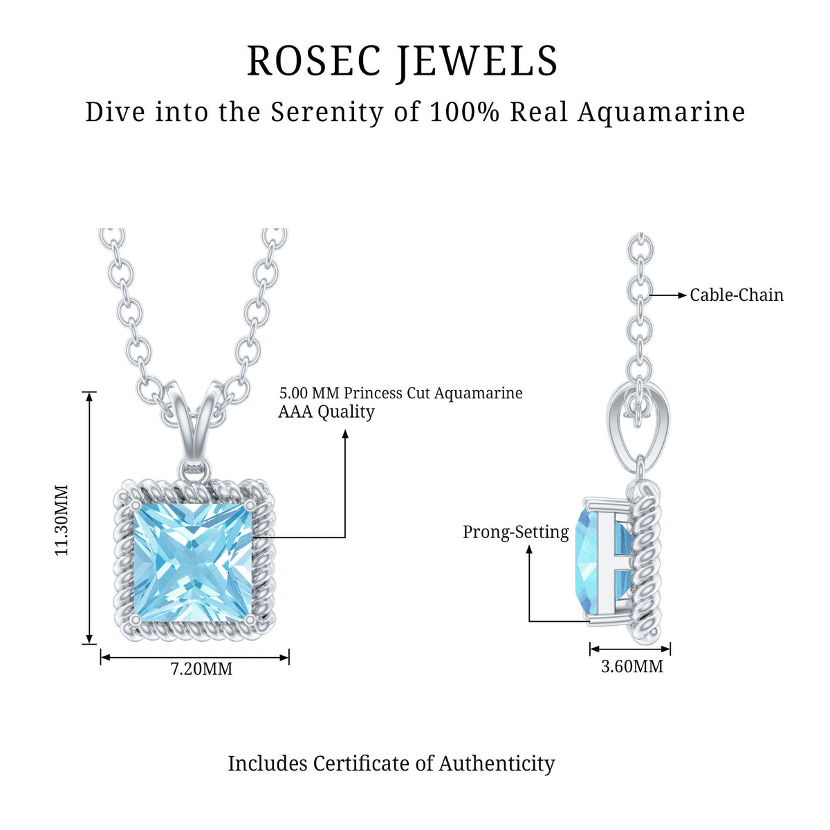 Aquamarine Princess Cut Necklace – Solitaire Pendant with AAA Quality Aquamarine