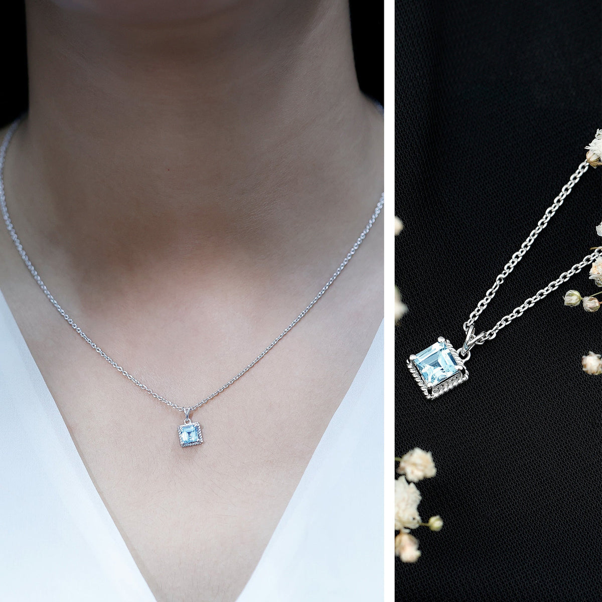Aquamarine Princess Cut Necklace – Solitaire Pendant with AAA Quality Aquamarine