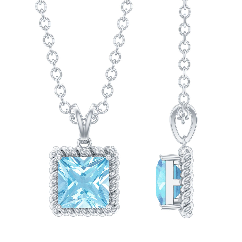Aquamarine Princess Cut Necklace – Solitaire Pendant with AAA Quality Aquamarine