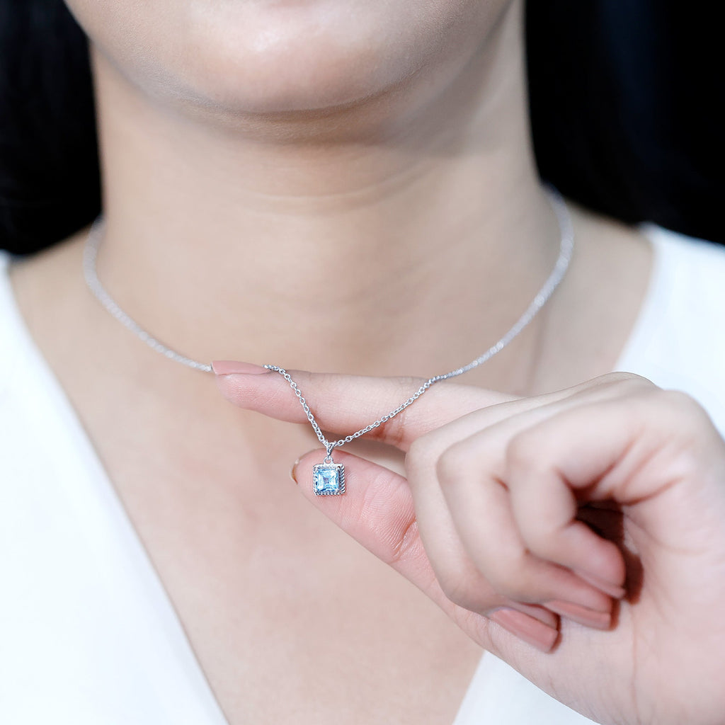 Aquamarine Princess Cut Necklace – Solitaire Pendant with AAA Quality Aquamarine