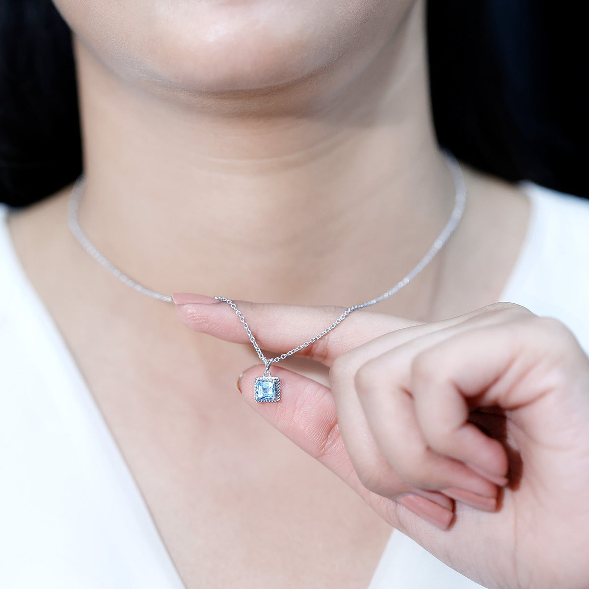 Aquamarine Princess Cut Necklace – Solitaire Pendant with AAA Quality Aquamarine