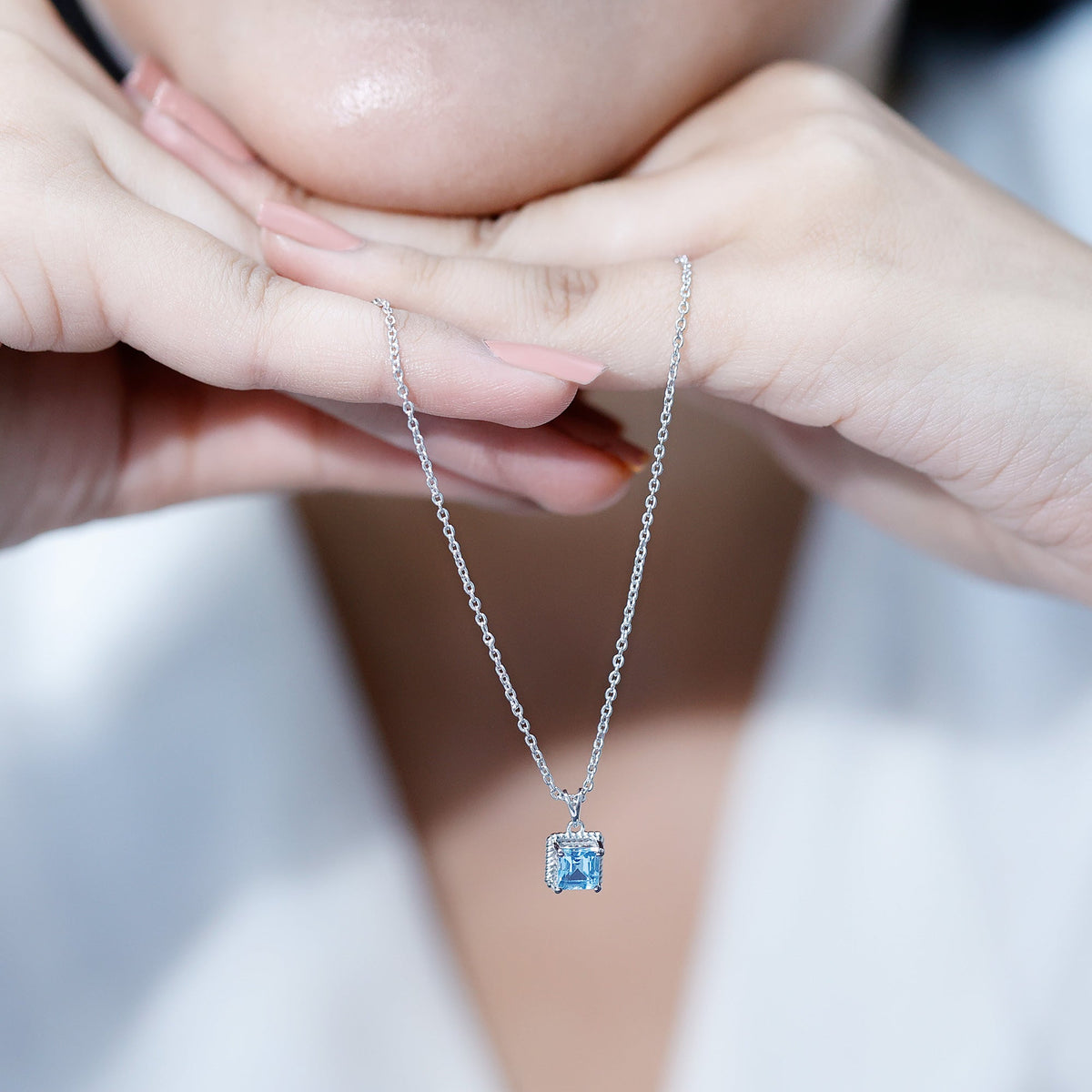 Aquamarine Princess Cut Necklace – Solitaire Pendant with AAA Quality Aquamarine