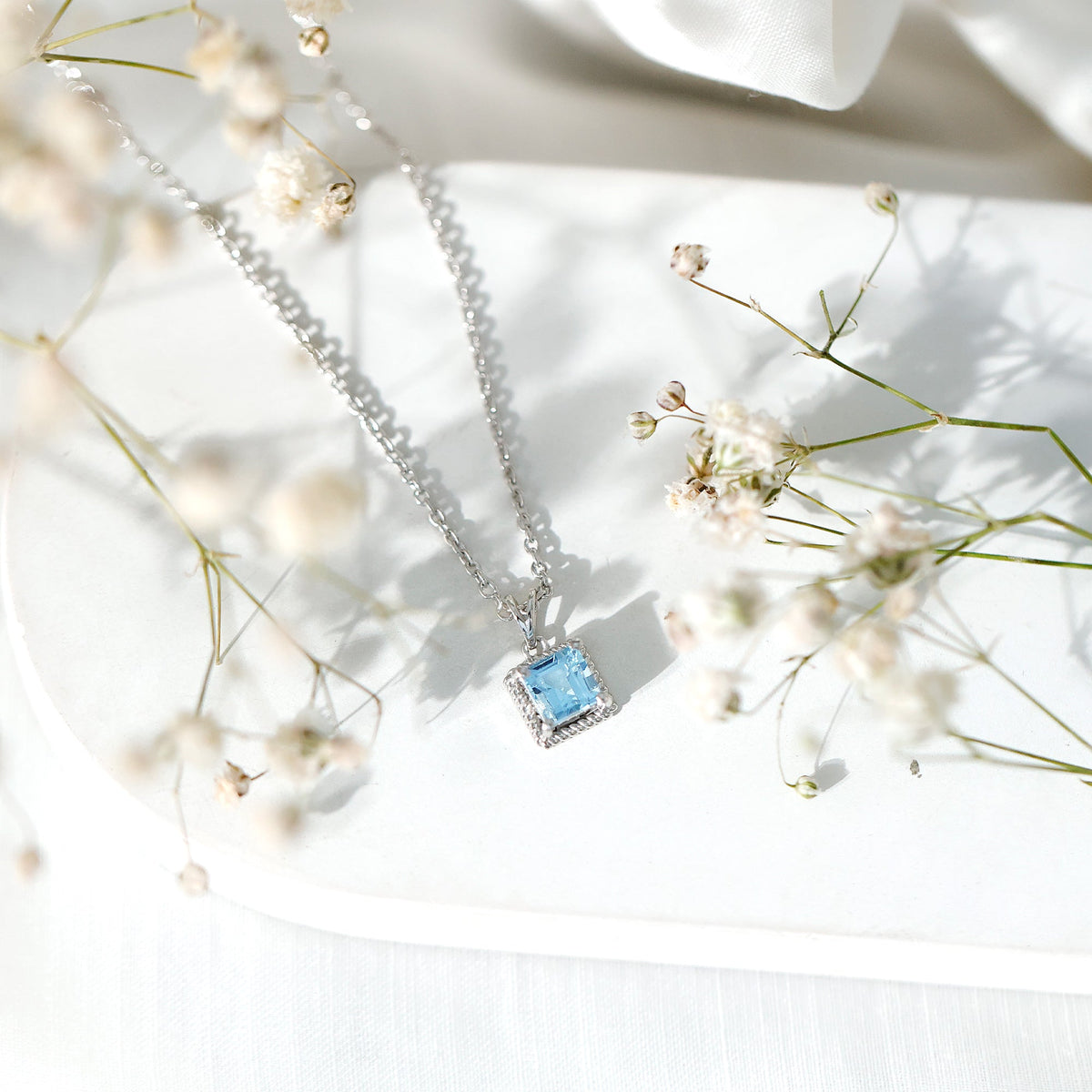 Aquamarine Princess Cut Necklace – Solitaire Pendant with AAA Quality Aquamarine
