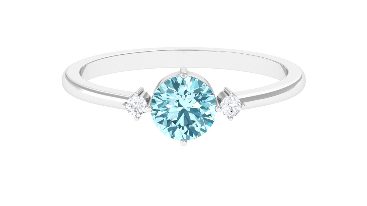 Aquamarine Promise Ring – 0.8 Carat Round Blue Gemstone | Dainty Diamond Accent