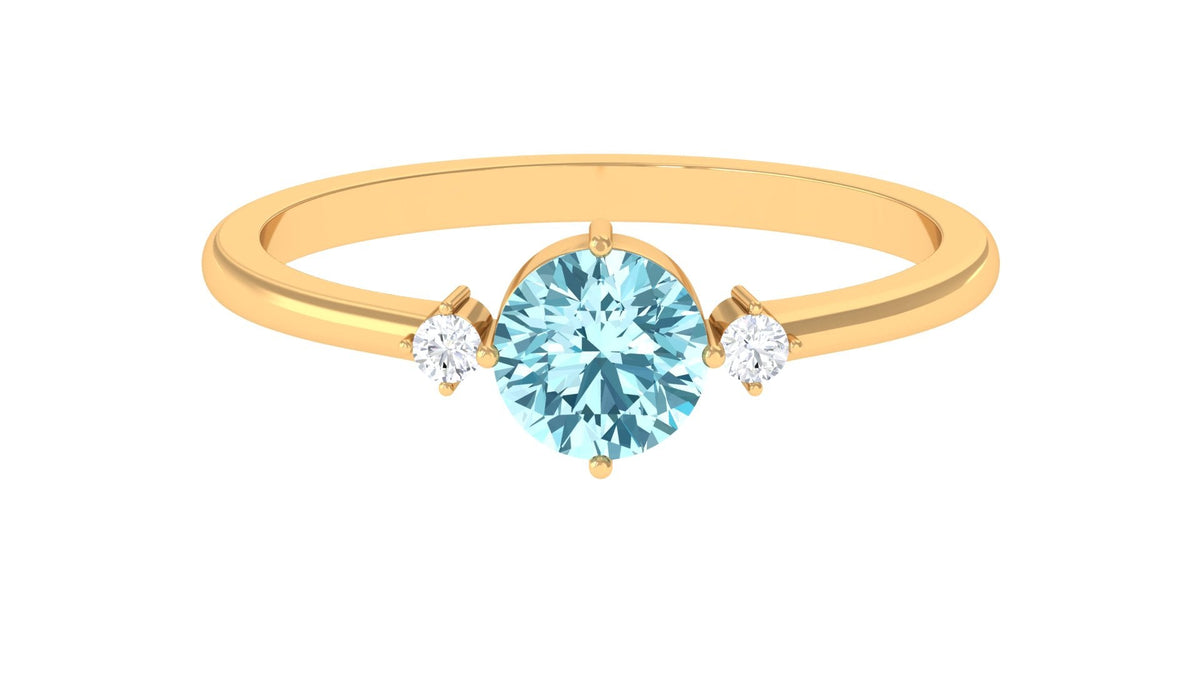 Aquamarine Promise Ring – 0.8 Carat Round Blue Gemstone | Dainty Diamond Accent