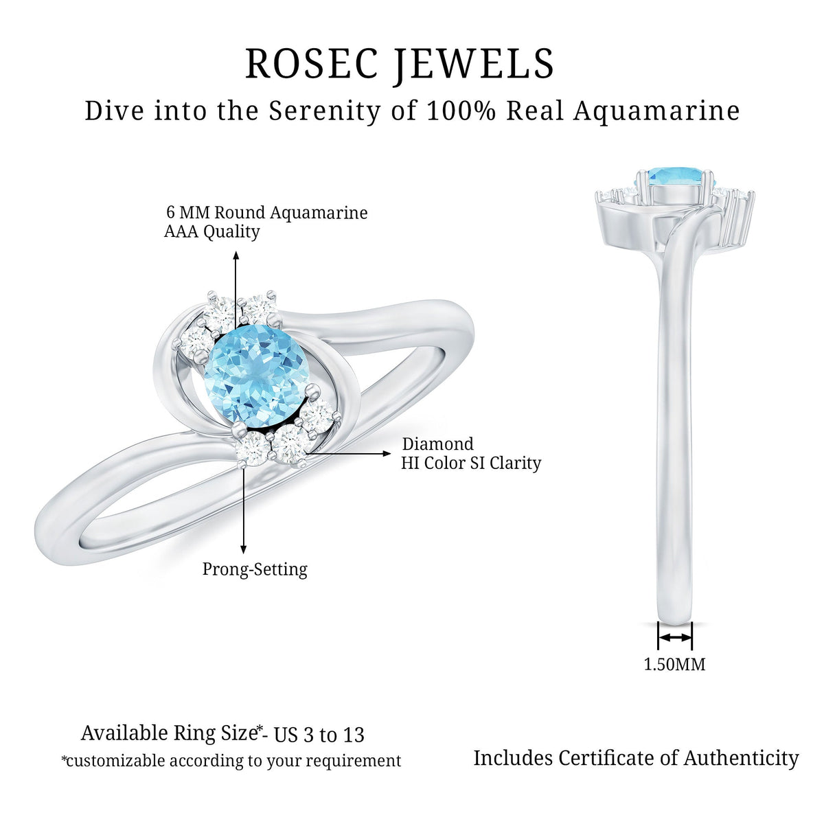 Aquamarine Promise Ring – AAA Quality Blue Stone With Diamond Accented Twisted Bypass Band