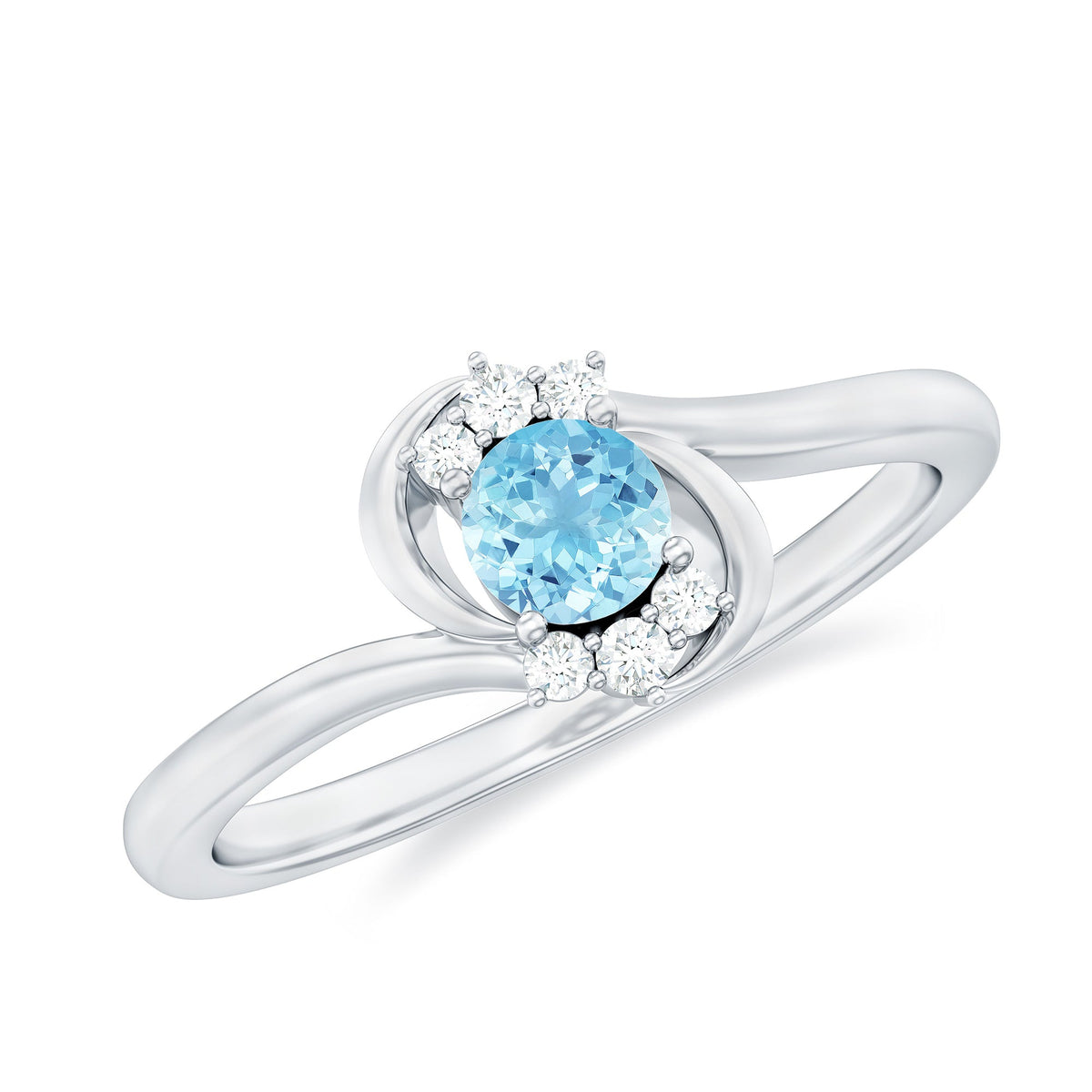 Aquamarine Promise Ring – AAA Quality Blue Stone With Diamond Accented Twisted Bypass Band