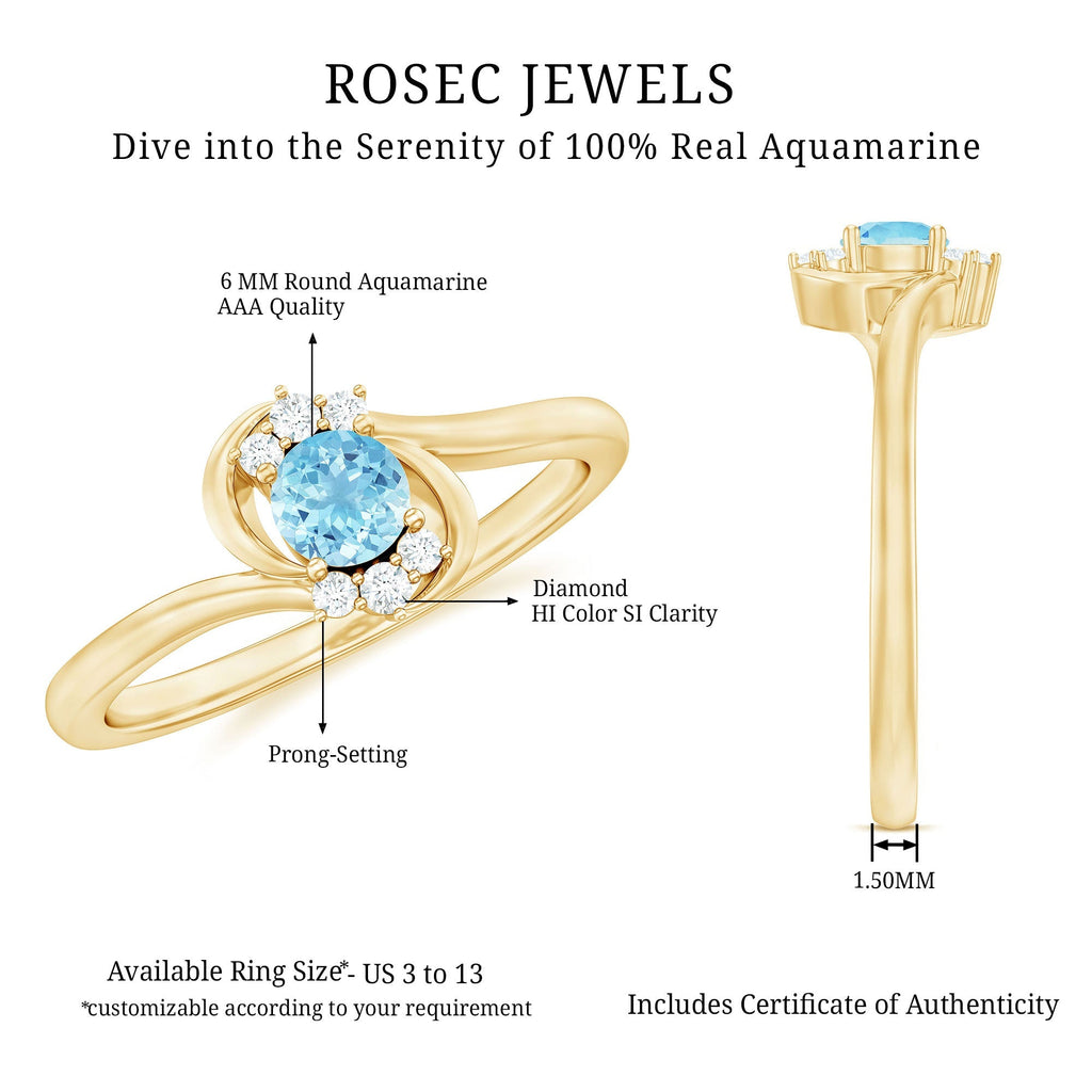 Aquamarine Promise Ring – AAA Quality Blue Stone With Diamond Accented Twisted Bypass Band